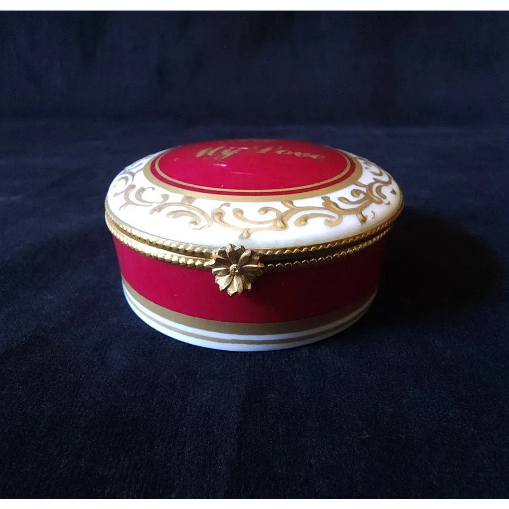 Vintage Limoges France Porcelain All My Love Dubarry Round Red Trinket Box Rare